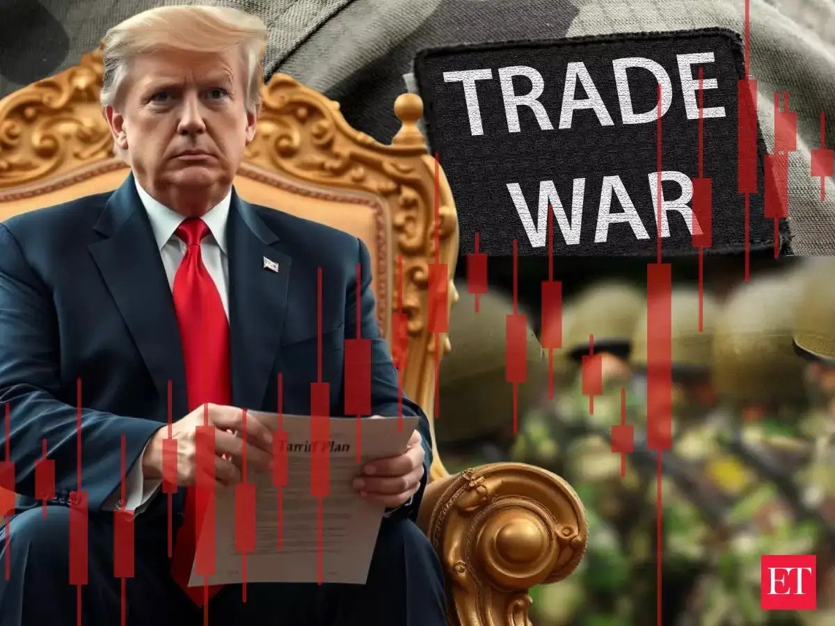 An edited image of Donald Trump sitting on a golden throne, holding a document titled "Tariff Plan," with a serious expression. In the background, a military camouflage pattern and a patch labeled "TRADE WAR" are visible, along with red stock market candlestick charts. The "ET" logo, representing The Economic Times, is placed in the bottom right corner.