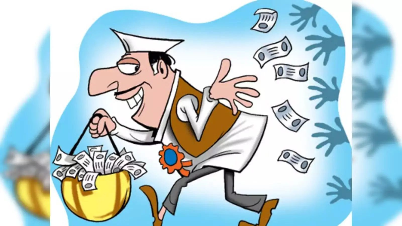 A satirical cartoon illustration of a corrupt politician wearing a white Gandhi cap and a brown vest, carrying a golden pot overflowing with money. The politician has a cunning smile and is tossing currency notes behind him, while shadowy hands reach out for the scattered cash. The background is blue, adding a lighthearted yet critical tone to the depiction of political corruption.