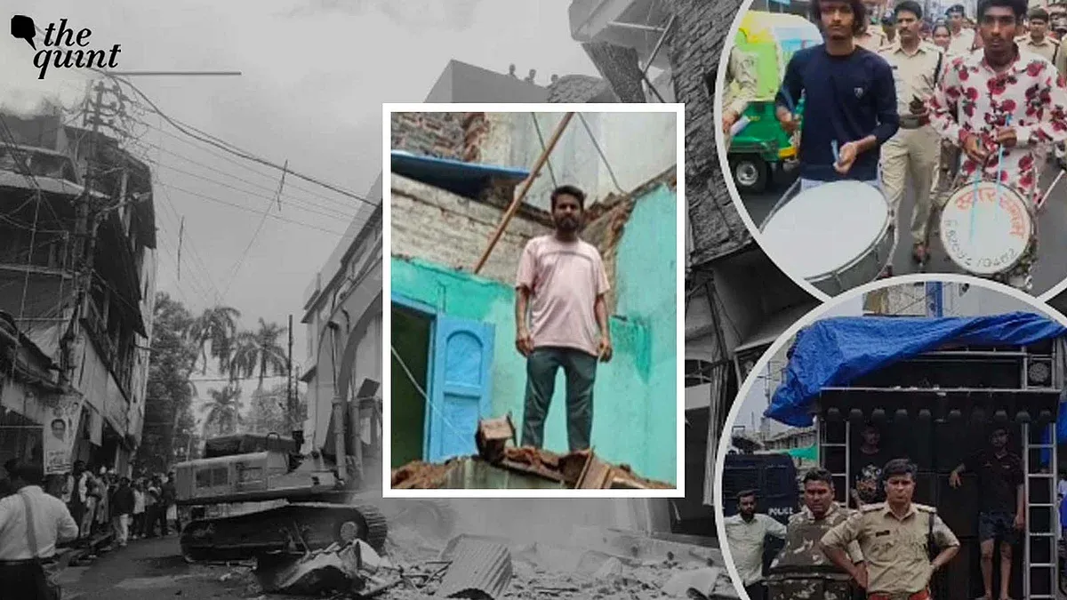 A demolished building in Ujjain with a man standing in front. In another frame, people playing drums with police in the background. In the third frame, police escorting accused individuals in a security vehicle. A scene from the Ujjain Adnan case.
