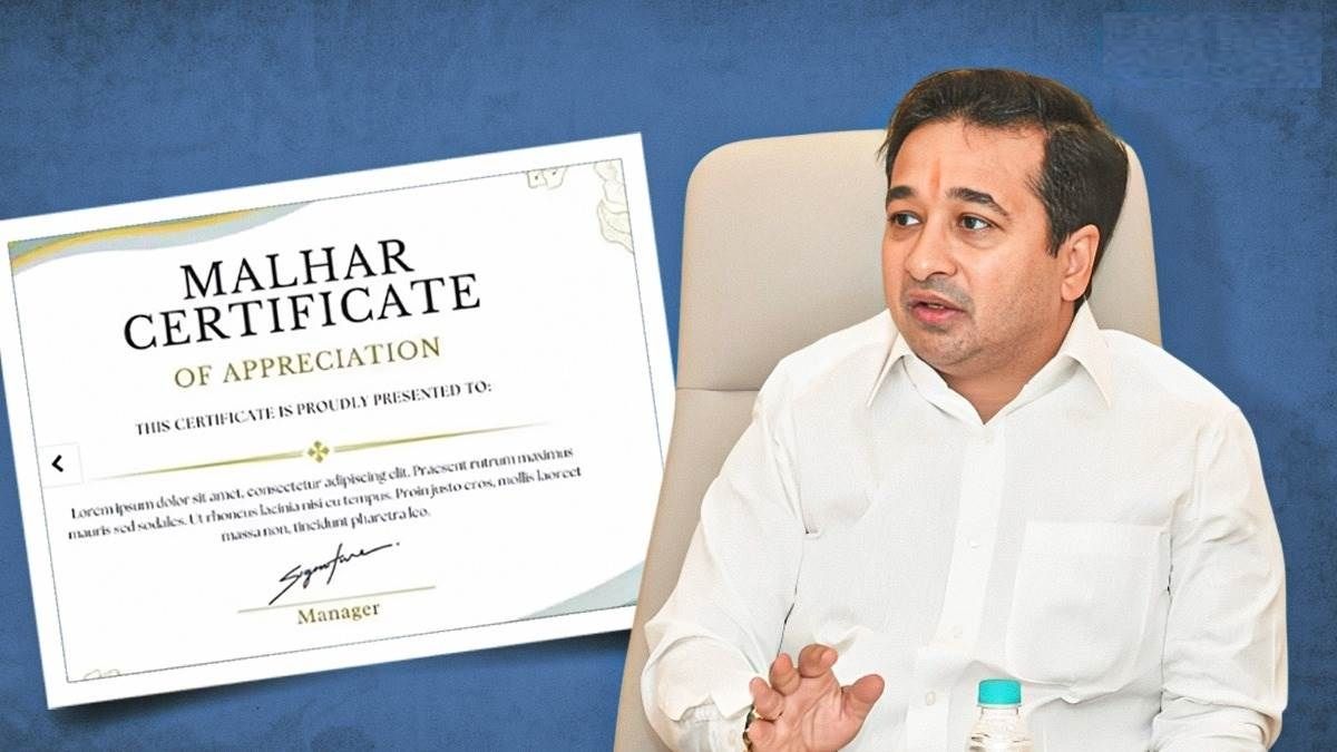 The image shows a man in a white shirt seated at a desk, speaking with a serious expression. To the left, there is an overlay of a certificate titled "Malhar Certificate of Appreciation." The certificate contains placeholder text (Lorem Ipsum) and a signature labeled "Manager." The background has a blue gradient.