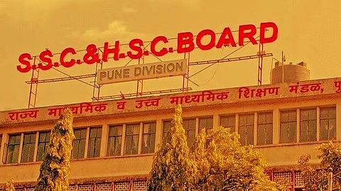 The image shows the SSC & HSC Board (Pune Division) building, which is part of the Maharashtra State Board of Secondary & Higher Secondary Education. The signboard is prominently displayed in red letters, with Hindi and Marathi text below. The building is partially covered by green trees, and the image has a warm, golden tint.