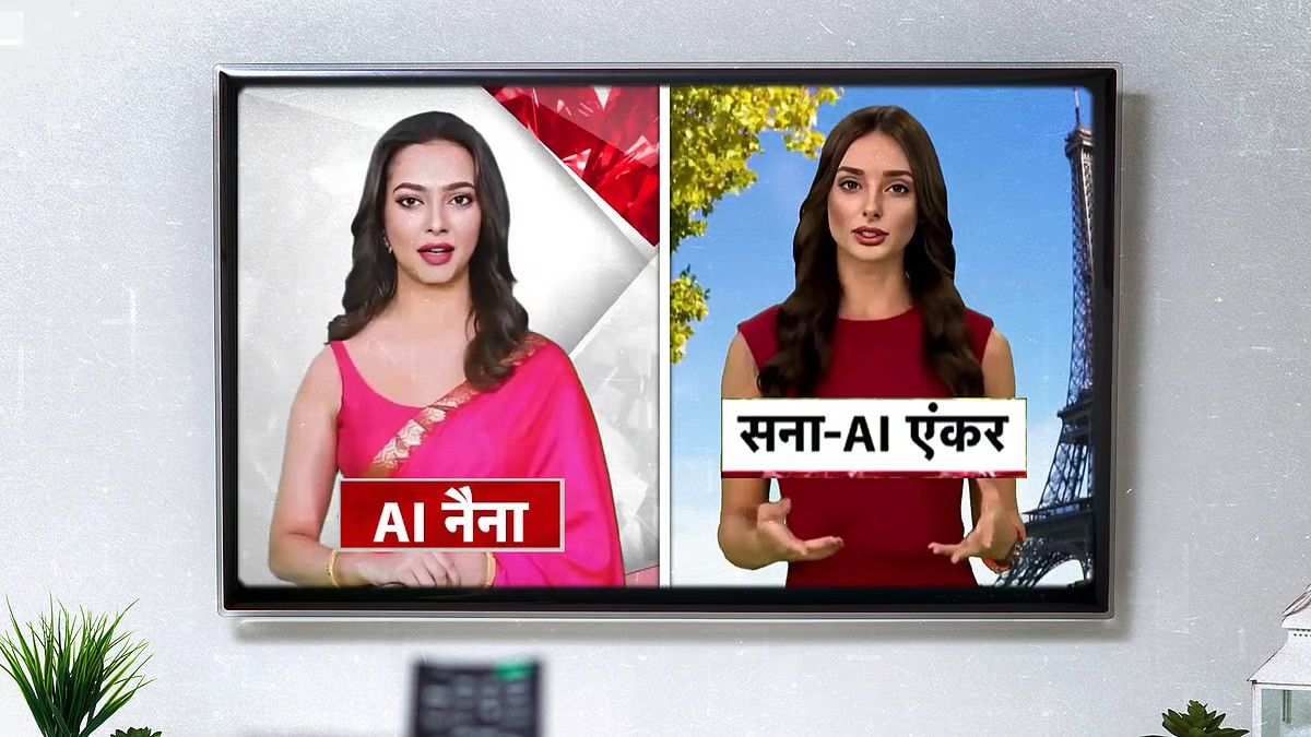 "A TV screen displaying two AI-powered news anchors—'AI Naina' (in traditional Indian attire) and 'Sana-AI Anchor' (in Western attire with the Eiffel Tower in the background)."