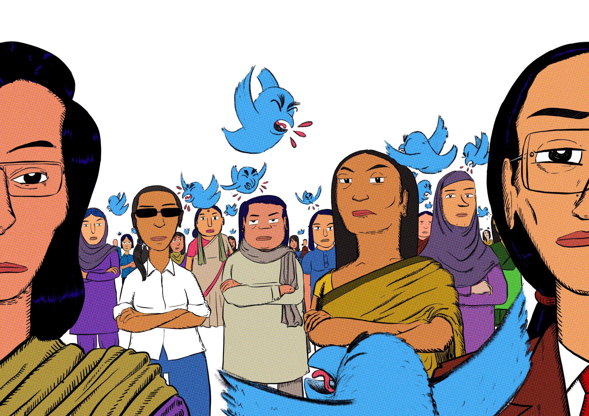 Illustration of a diverse group of women standing with arms crossed, expressing determination and defiance. Blue birds resembling Twitter icons fly around, some appearing injured and bleeding, symbolizing online harassment and digital attacks. The women wear various traditional and modern outfits, representing different cultural backgrounds. The bold and graphic art style highlights themes of resistance, feminism, and social media impact.