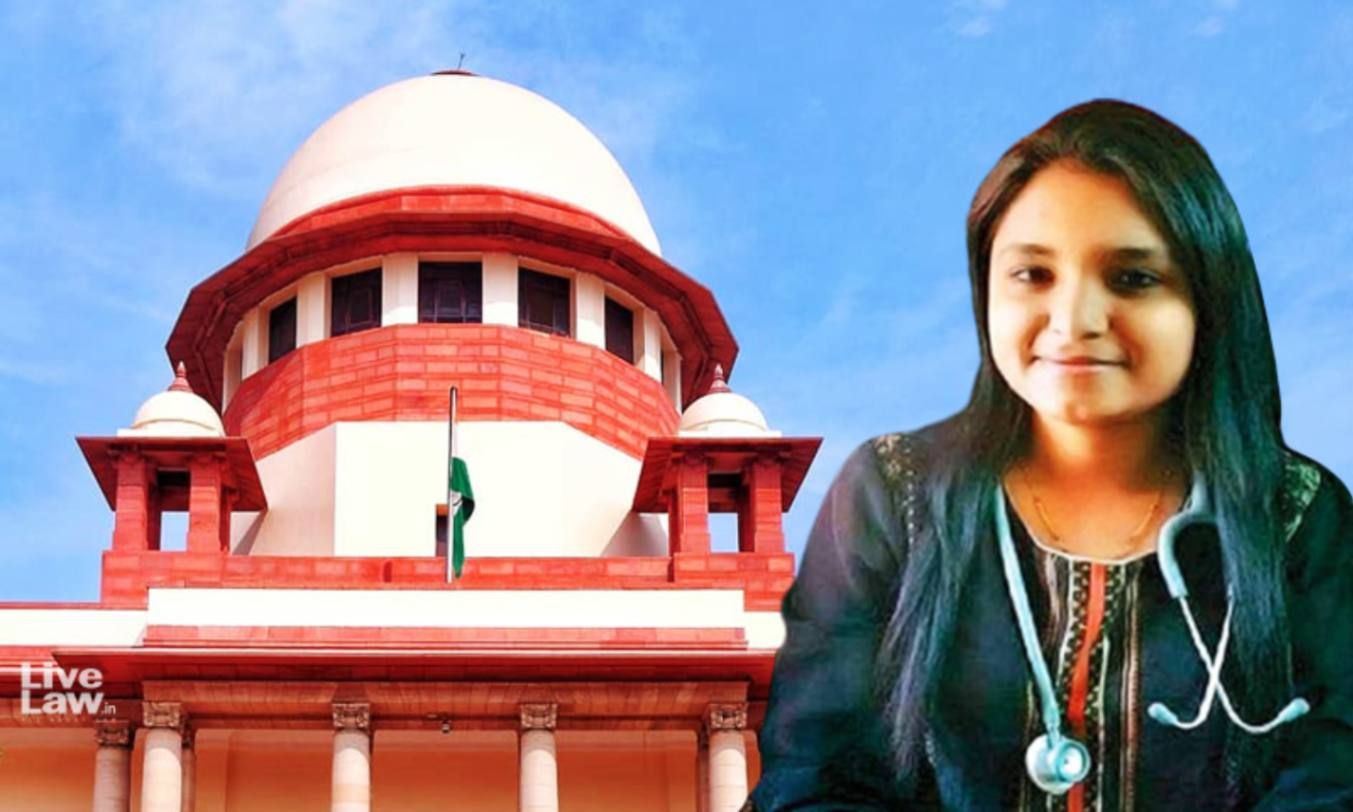 A digitally edited image features the Supreme Court of India building with its distinctive red and white dome structure in the background. In the foreground, there is a young woman with long black hair, wearing a black traditional outfit and a stethoscope around her neck, suggesting she is a medical professional. The logo "Live Law.in" is visible in the bottom left corner of the image. The background sky is clear and blue.