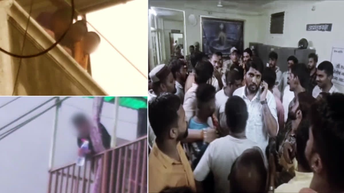 A scene related to the Ujjain violence and unrest. One frame shows people hiding at the corner of a building, another frame captures a person hanging from a balcony, and the main frame displays a chaotic crowd, with some individuals talking on their phones.