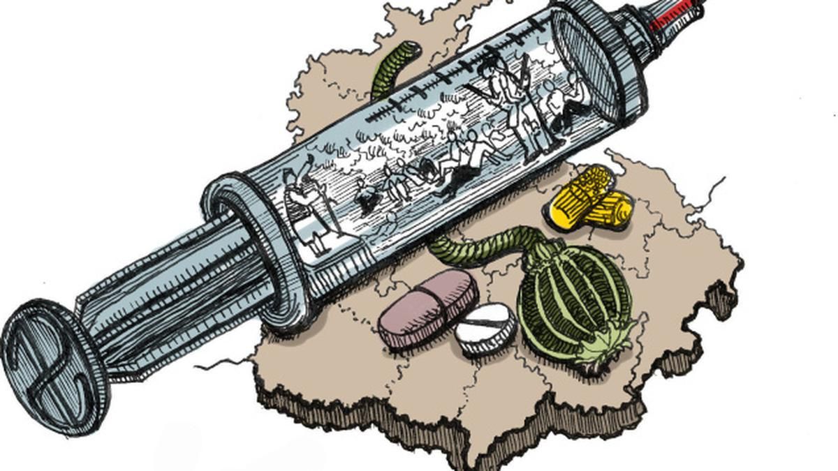 A political cartoon depicting Punjab's drug crisis. The illustration shows a large syringe placed over a map of Punjab, containing struggling and drowning people inside, symbolizing addiction and its impact on society. Surrounding the syringe are pills, a poppy pod, bullets, and a snake, representing drug abuse, trafficking, and the dangers associated with narcotics. The artwork highlights the devastating effects of drug addiction in Punjab.