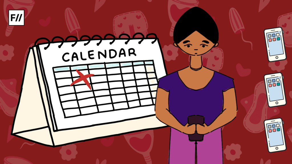 Illustration of a woman in a purple outfit holding a mobile phone, looking down with a neutral expression. A large desk calendar beside her has a red cross marked on a date. The background is deep red with patterns of sanitary pads, hearts, and mobile phones, symbolizing menstruation tracking and digital health awareness. The image conveys themes of menstrual health, period tracking, and digital access to reproductive health information.