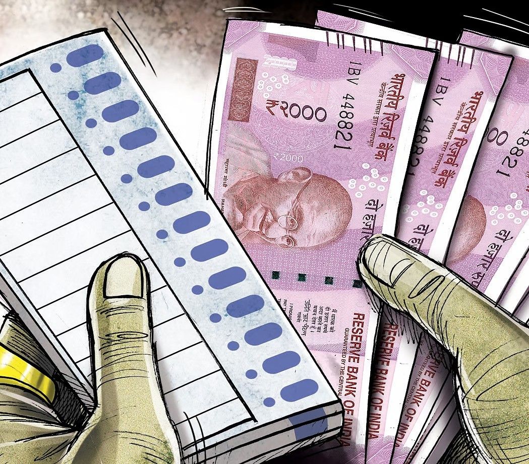 A digitally illustrated image depicting election corruption. One hand is seen holding a stack of ₹2000 Indian currency notes, while the other hand is pressing a button on an electronic voting machine (EVM). The artwork suggests the influence of money in elections, hinting at voter bribery or electoral fraud. The color scheme and sketch-like detailing emphasize the theme of political manipulation.