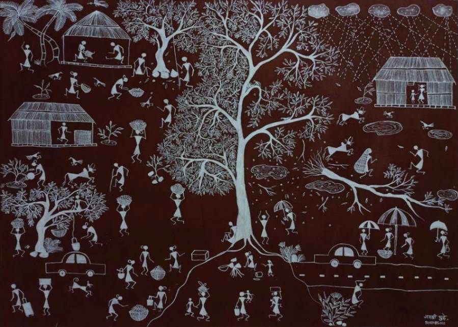 A traditional Warli painting depicting rural life, featuring a large tree at the center with villagers engaging in daily activities such as farming, gathering, dancing, and carrying baskets. The artwork illustrates monsoon rains, village huts, animals, and vehicles, capturing the essence of tribal culture and harmony with nature.