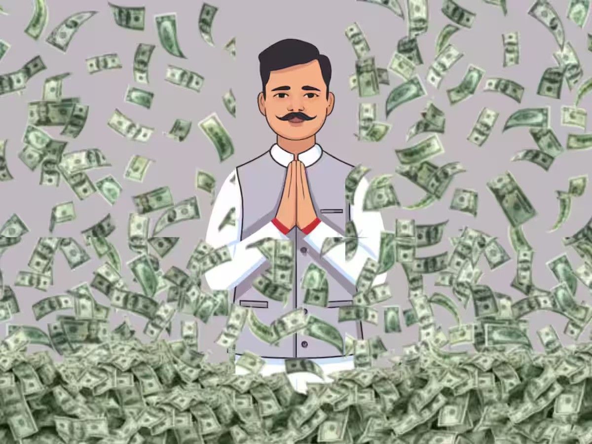 A digital illustration of an Indian politician wearing traditional attire with a mustache, greeting with folded hands (Namaste gesture). Surrounding him is an overwhelming shower of cash, with numerous dollar bills floating in the air and piling up at the bottom. The image symbolizes political funding, corruption, or financial influence in politics.