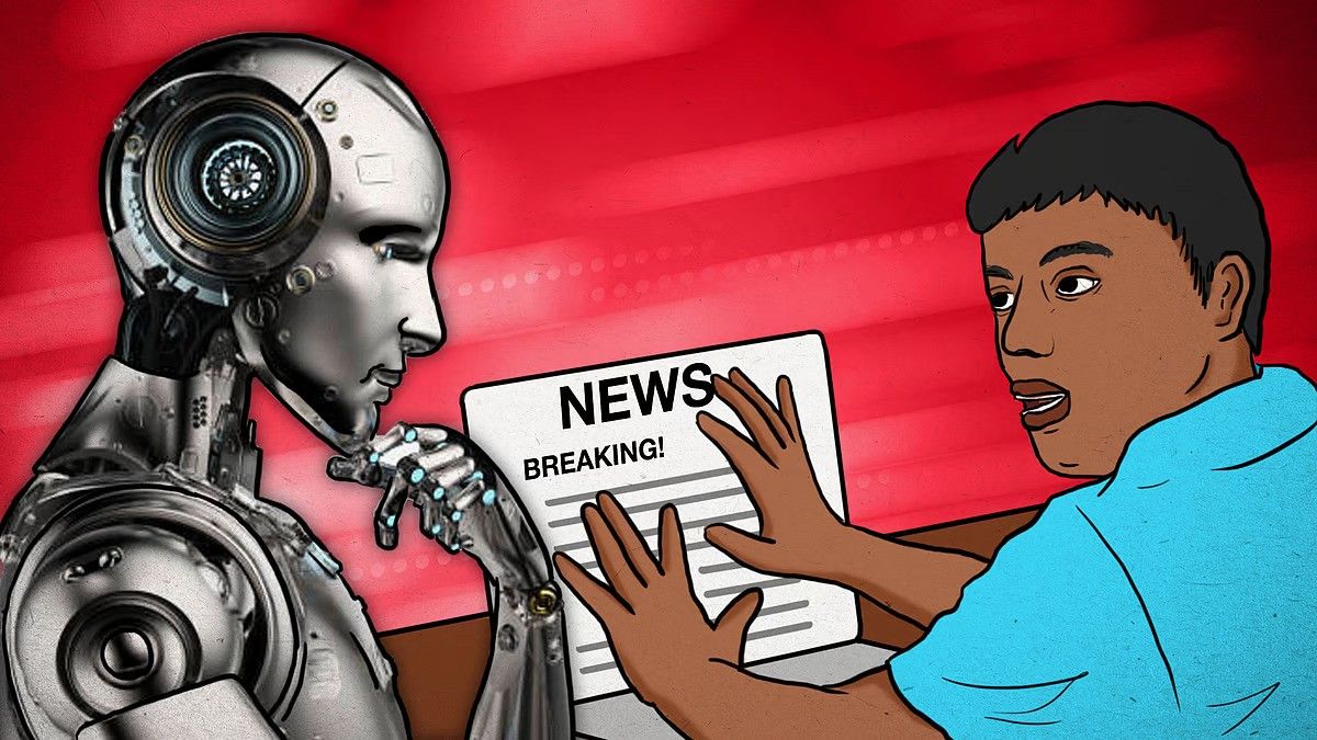"An illustrated image of a human journalist in a blue shirt, shocked while holding a breaking news document, as a humanoid AI robot, designed with mechanical and cybernetic details, observes thoughtfully. The background is red, symbolizing urgency in news media and the growing influence of AI in journalism."