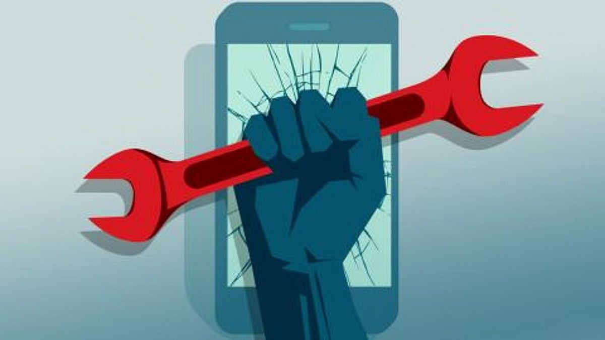 "A stylized digital illustration of a clenched fist emerging through the cracked screen of a smartphone, holding a red wrench. The image symbolizes resistance, empowerment, and the 'Right to Repair' movement, advocating for consumer rights to fix their own electronic devices."