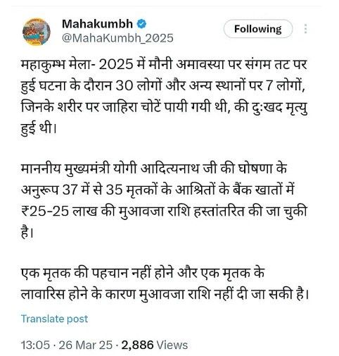 "A Twitter post by the verified account 'Mahakumbh' (@MahaKumbh_2025) in Hindi, discussing an incident at the Mahakumbh Mela 2025 on Mauni Amavasya. The tweet mentions the tragic deaths of 30 people at Sangam Ghat and 7 others at different locations due to visible injuries. It states that as per Chief Minister Yogi Adityanath's announcement, compensation of ₹25-25 lakh has been transferred to the bank accounts of the victims’ families. However, compensation could not be given to two individuals due to identity and legal heirship issues. The post was made on March 26, 2025, at 10:35 AM, and has 2,886 views."