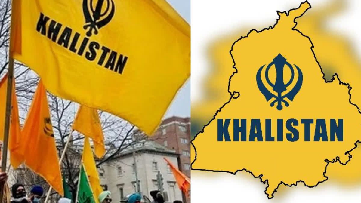 A combination of two images related to the Khalistan movement. The left side shows a group of people holding yellow flags with "Khalistan" written on them, featuring the Khanda symbol, often associated with Sikhism. The right side displays a map of Punjab with the word "Khalistan" and the Khanda emblem, symbolizing the demand for a separate Sikh state. The image reflects the political and separatist aspirations of the Khalistan movement.