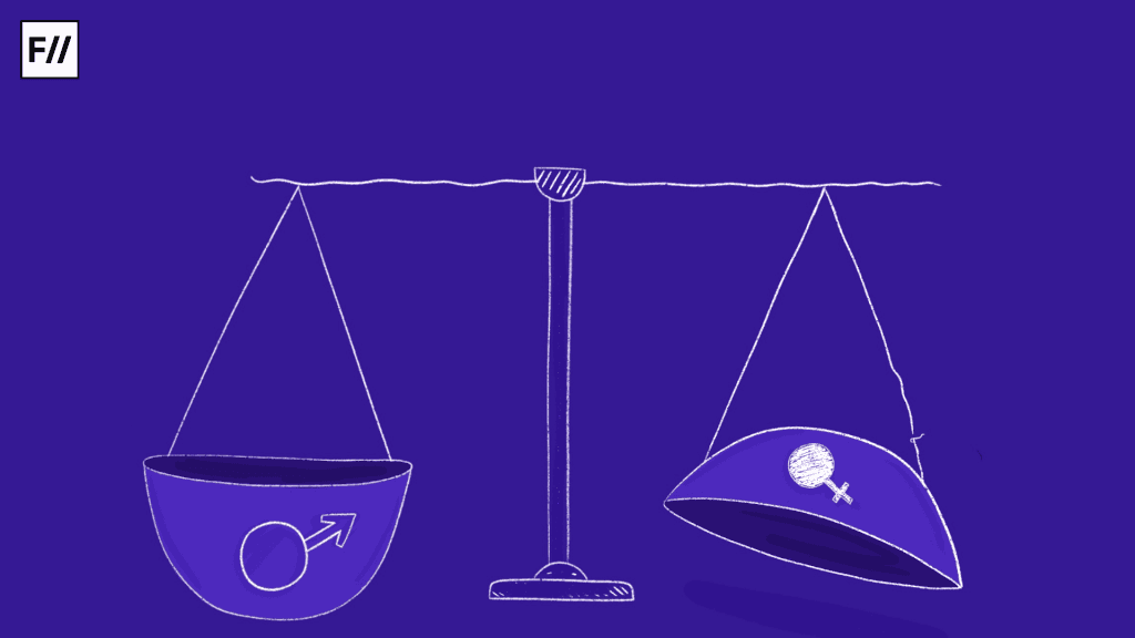 Illustration of an unbalanced weighing scale on a deep blue background. The left pan, which is heavier and lower, has a male gender symbol, while the lighter and tilted right pan has a female gender symbol. The image symbolizes gender inequality, societal imbalance, and discrimination against women in various aspects of life, including economic and social opportunities.
