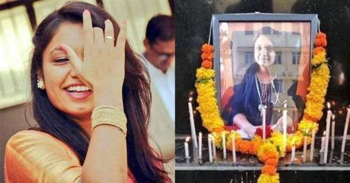 A side-by-side collage of two images. On the left, a young woman with long black hair, wearing a golden traditional outfit, is smiling joyfully while covering part of her face with her hand. In the background, a man in formal attire is slightly blurred. On the right, a framed photograph of the same woman, adorned with a garland of yellow and orange flowers, is placed on a black surface. Several lit candles are arranged in front of the framed photo, indicating a tribute or memorial setup.