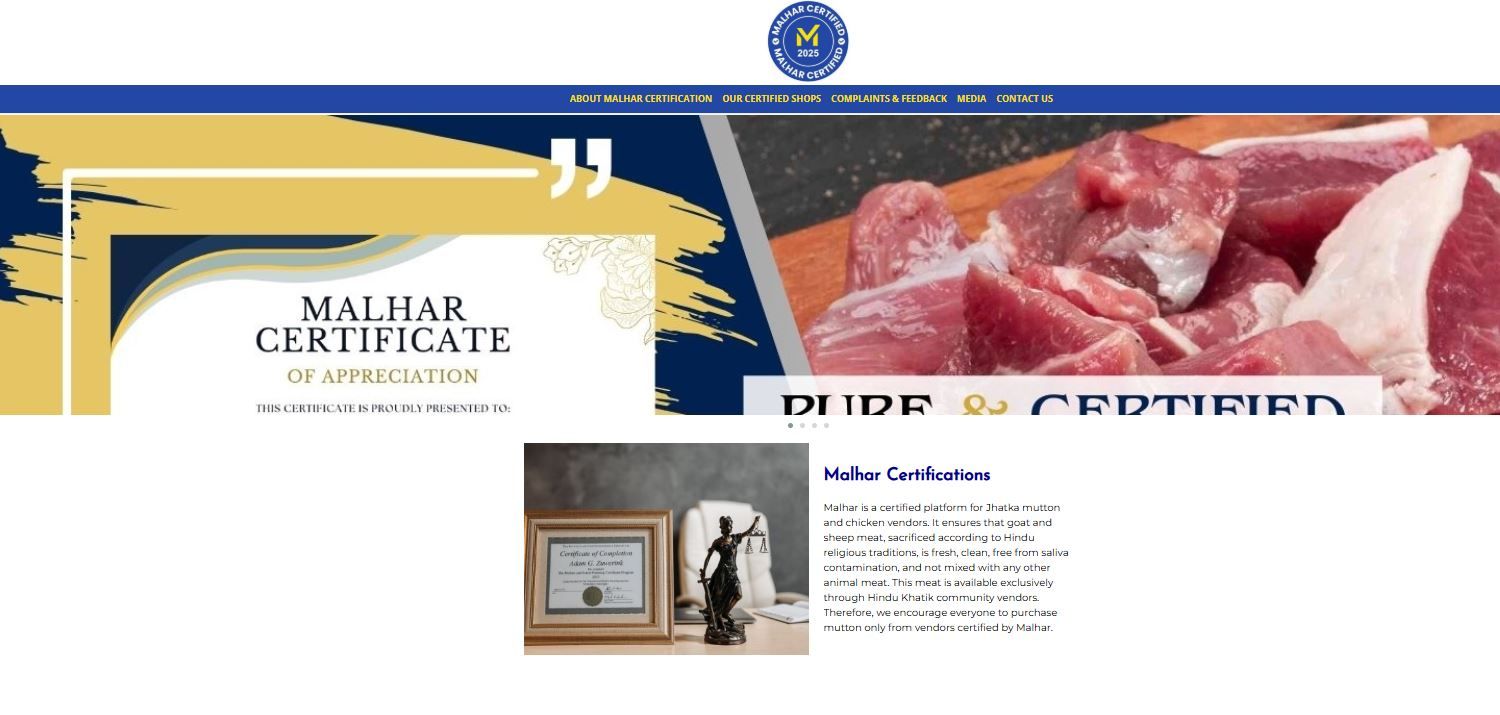 The image appears to be a screenshot from a website related to "Malhar Certifications." The page showcases a certificate of appreciation, an image of raw mutton labeled as "Pure & Certified," and information about Malhar's certification process.