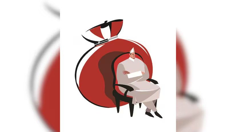 A digital illustration featuring a politician dressed in traditional Indian attire, sitting on a chair with a confident posture. Behind him is a large red money bag, symbolizing political funding, corruption, or financial influence in politics. The image conveys the connection between money and power in governance.