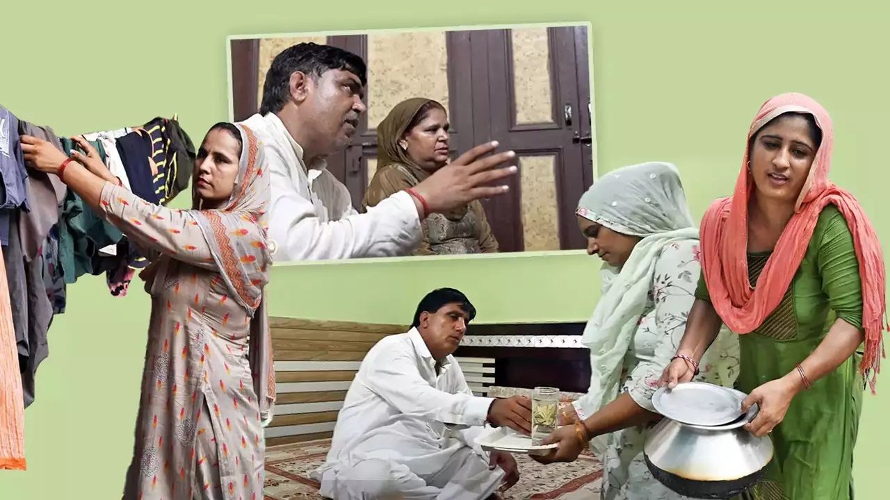The image is a collage depicting various scenes of domestic life in a rural or semi-urban setting. It features women engaged in household chores such as washing clothes, cooking, and serving food, while men are seen in authoritative or decision-making roles. The expressions of the women suggest hardship, frustration, or emotional struggle, possibly highlighting themes of gender roles, patriarchy, or domestic labor in Indian society. Let me know if you need a more specific description!