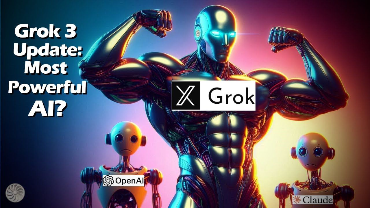 This image visually represents the competition among AI models, depicting Grok as a muscular, dominant AI compared to OpenAI's ChatGPT and Anthropic's Claude, which are shown as smaller, less powerful robots. The title, "Grok 3 Update: Most Powerful AI?", suggests a discussion on whether Grok 3 has surpassed its rivals in capability. This image plays into the narrative of Grok's superiority, likely due to its real-time internet access and integration with Elon Musk's X platform.